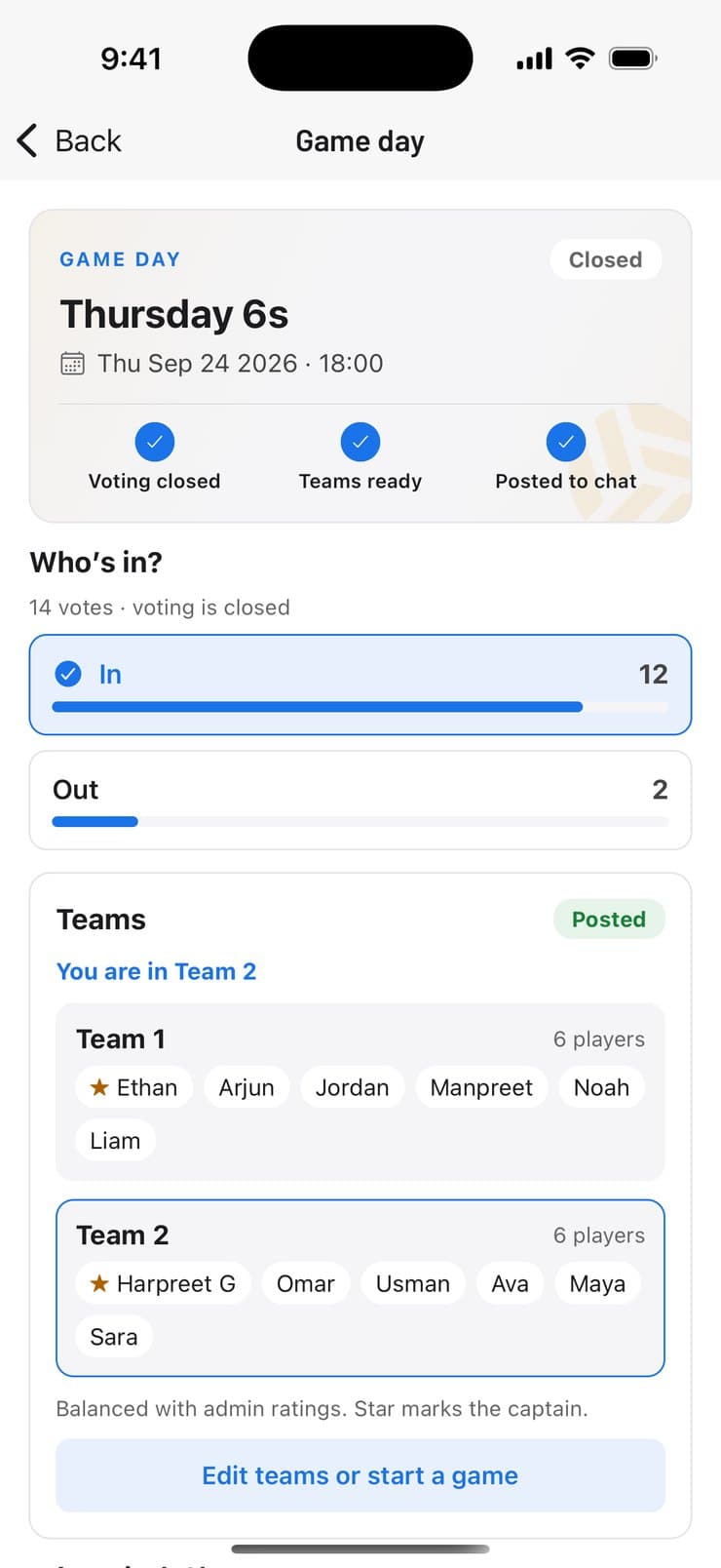 TopShott Club game day and teams screen