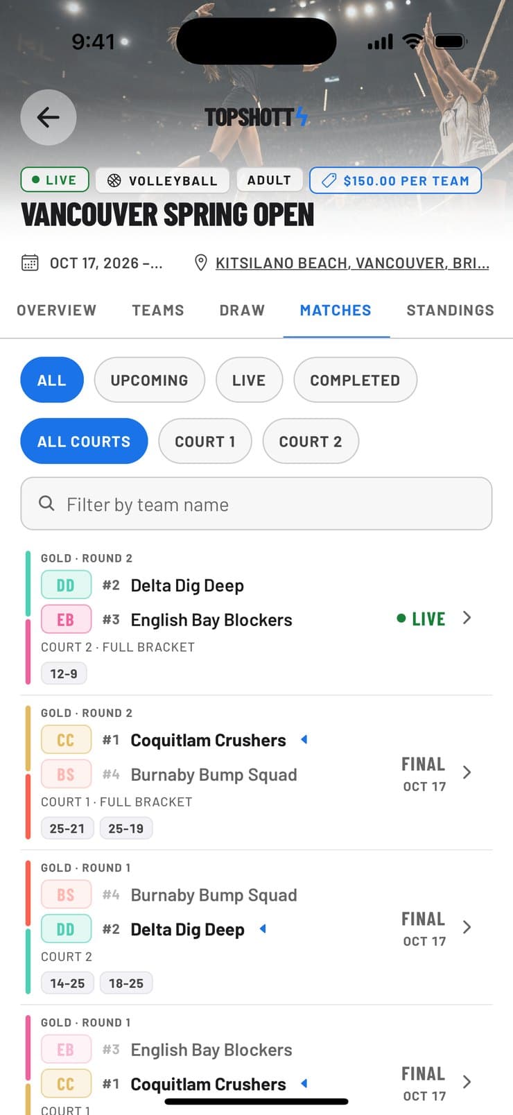 TopShott Matches by court screen