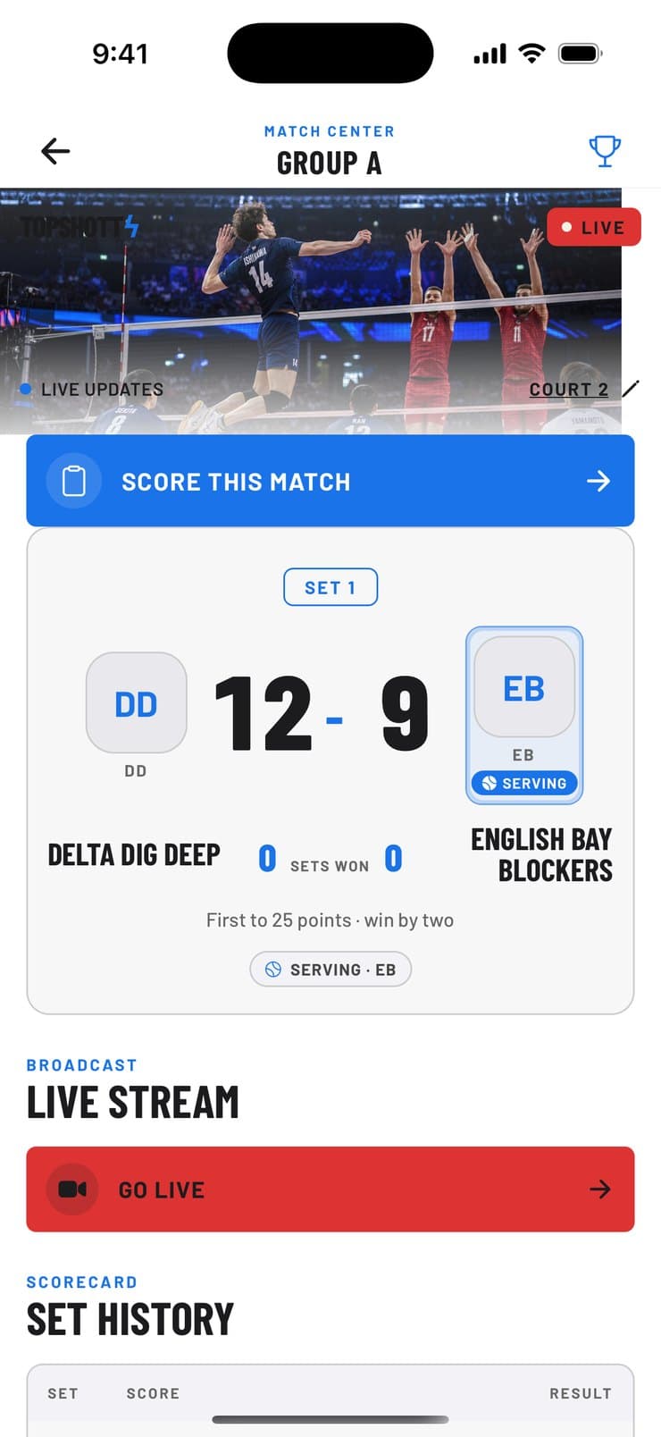 TopShott Live match center screen
