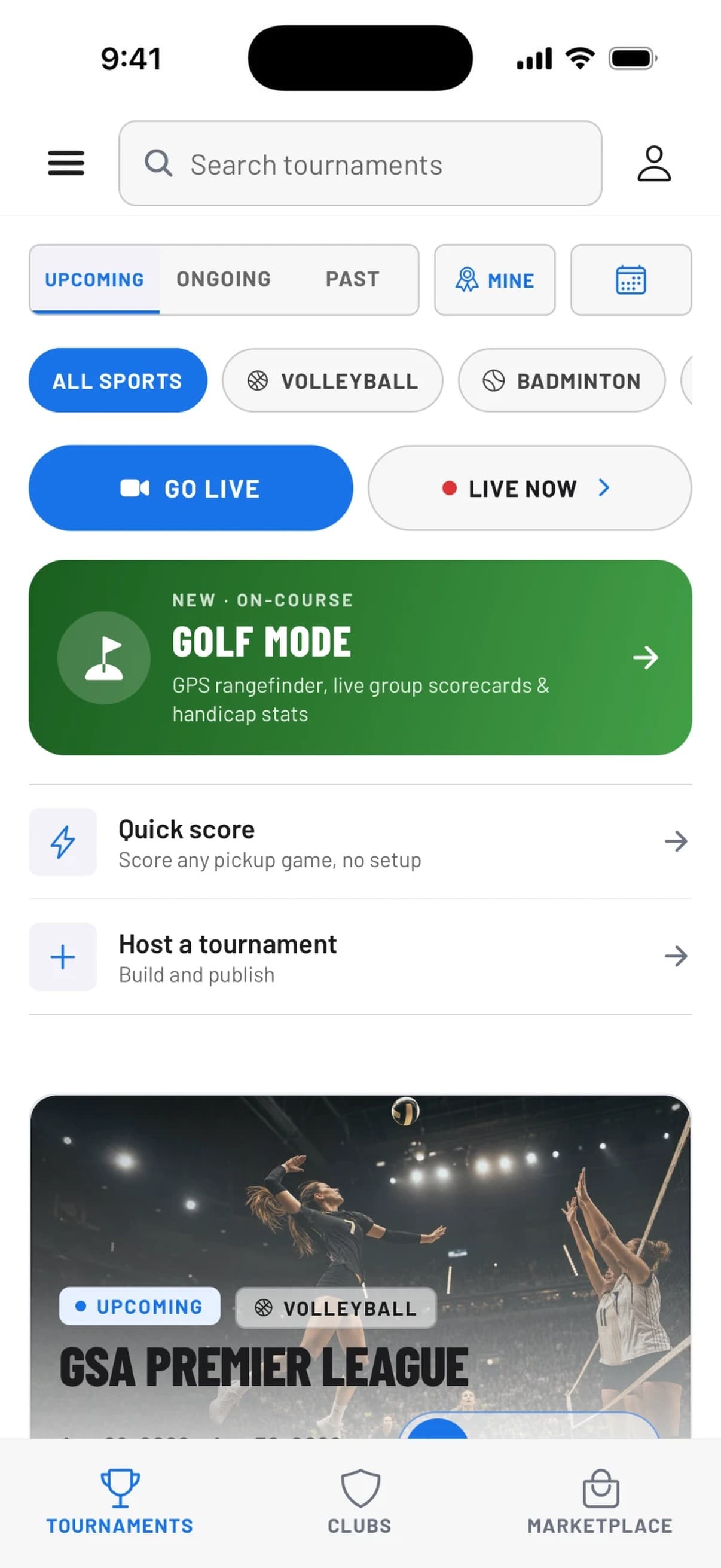 TopShott Tournaments tab screen