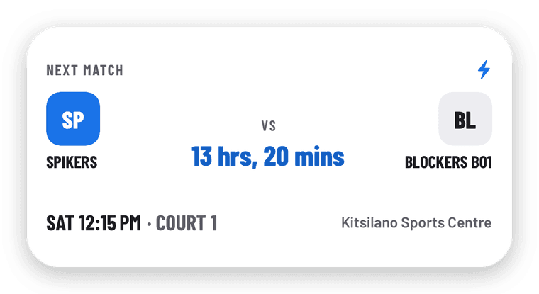 TopShott Next Match widget showing Spikers vs Blockers B01 at Kitsilano Sports Centre